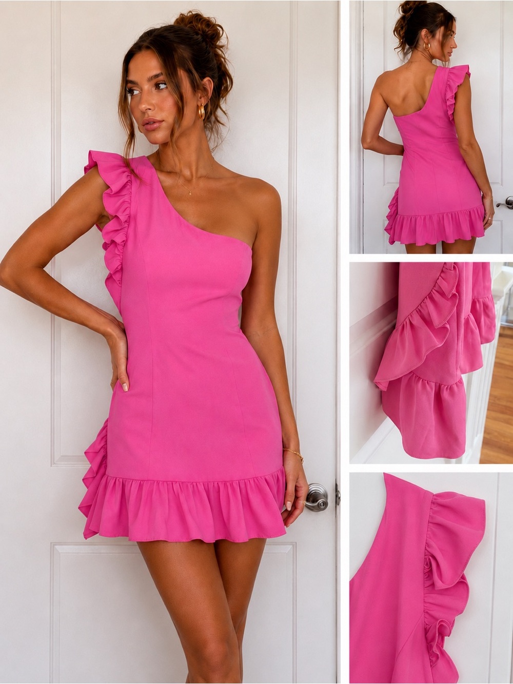 DO+BE One-Shoulder Ruffle Mini Dress - Bright Pink